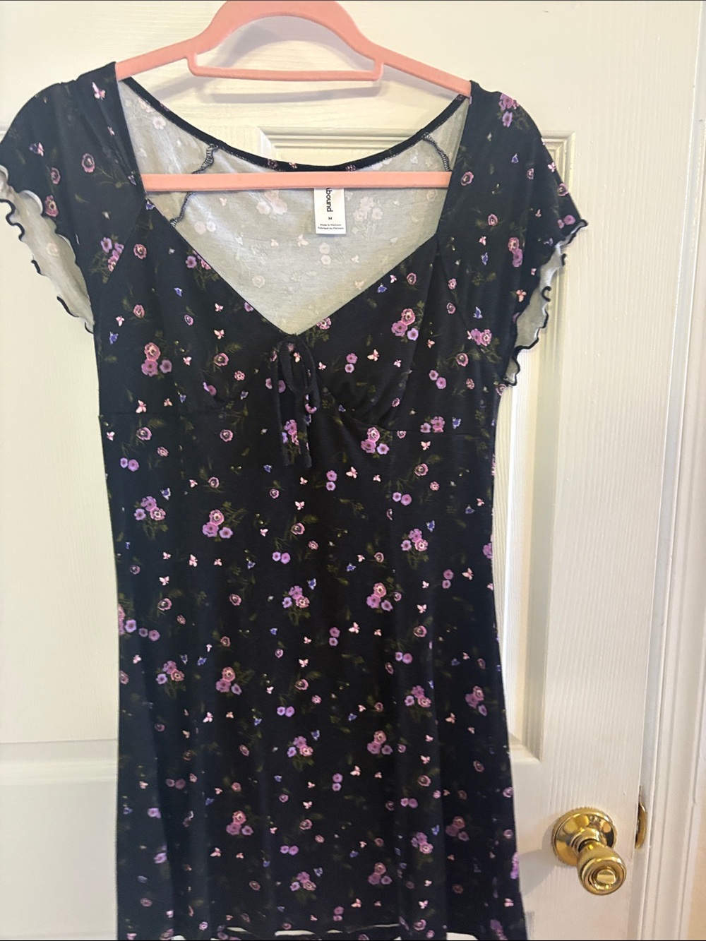 Floral Lace-Trim Mini Dress - Black with Purple Floral